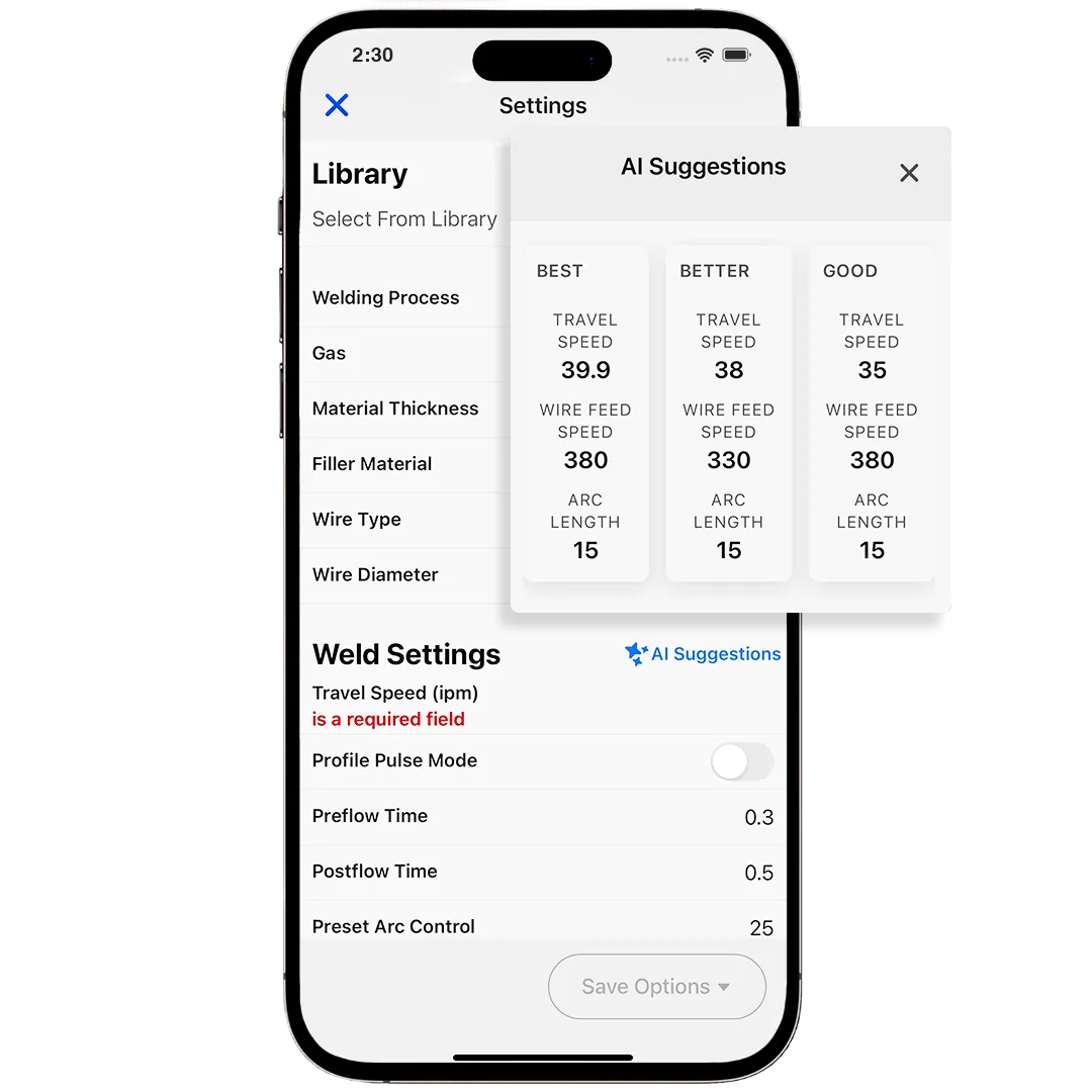 Beacon app weld settings with AI suggestions